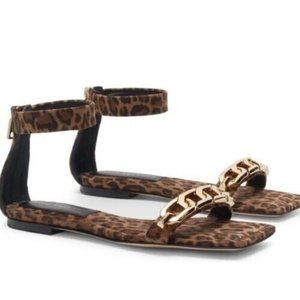 Good American NEW $159 Leopard Print Ankle Strap Square Toe Sandals 7.5